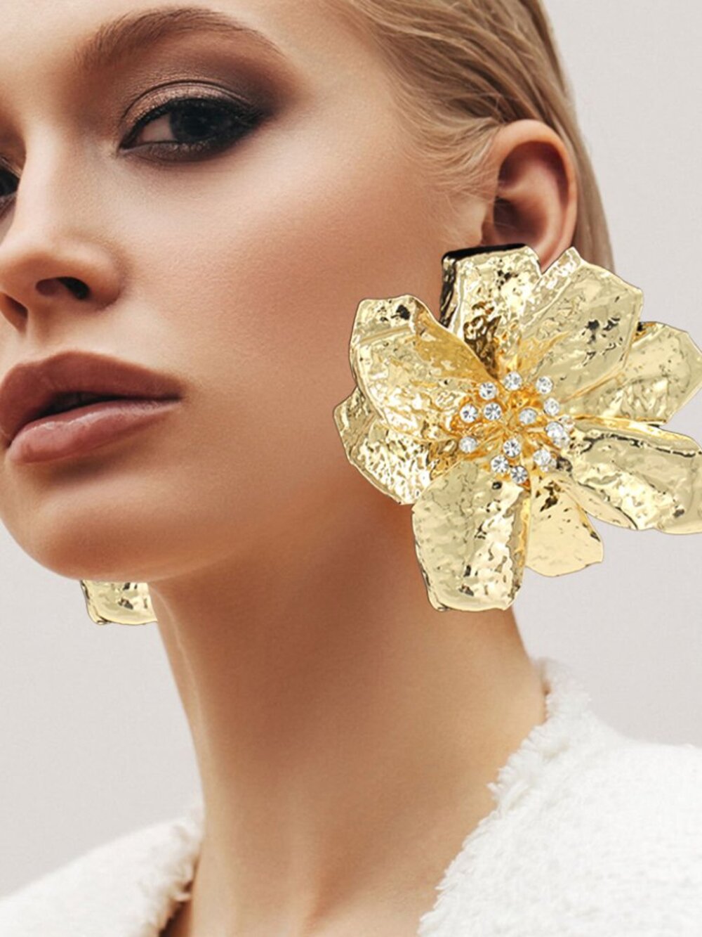 Oversized Rhinestone Sparkle Hammered Metal Petal XL Flower Earrings NEW